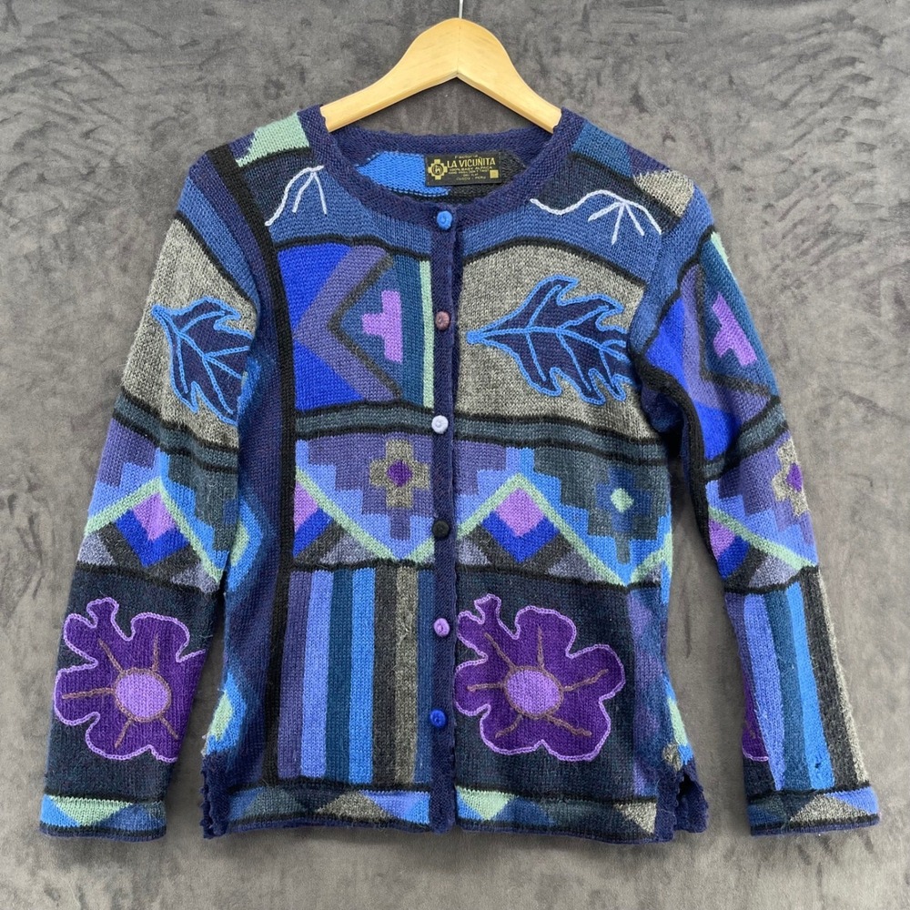 VTG La Vicunita Baby Alpaca Cardigan Sweater Blue Purple Floral Geometric Peru